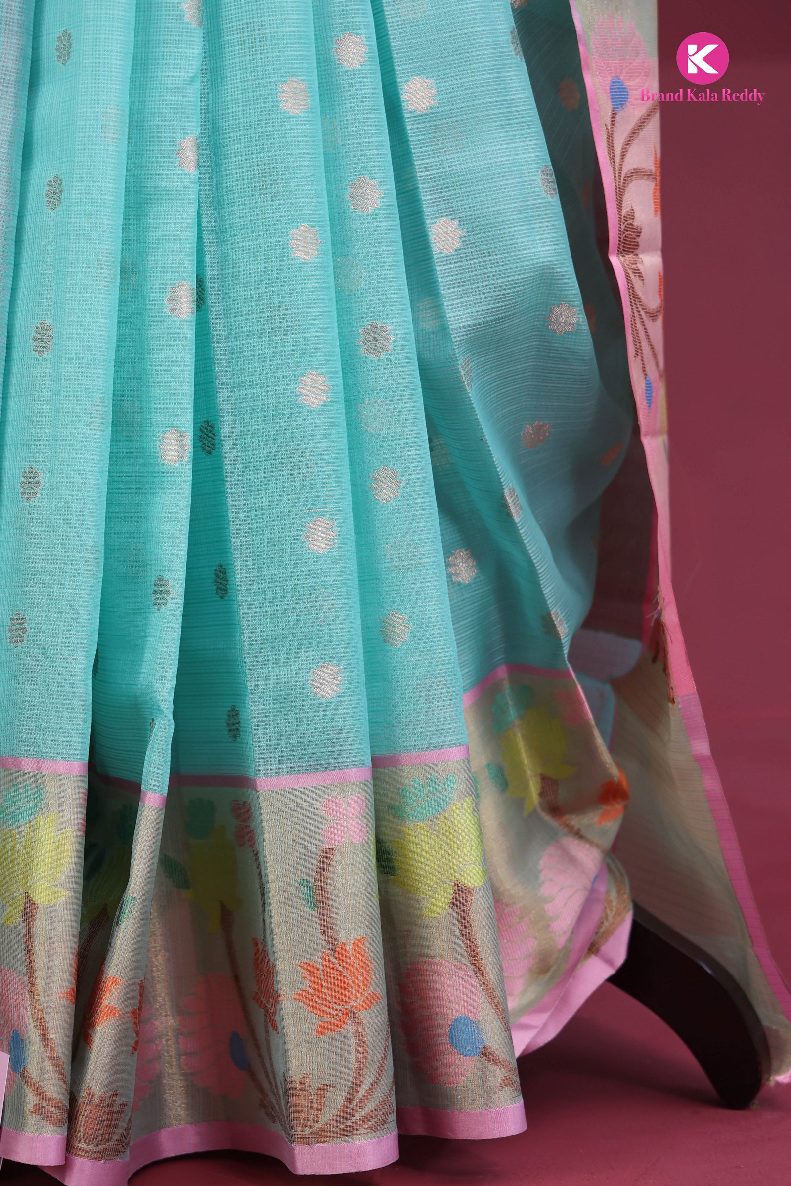 Cyan Blue Zari Kota Silk Saree with Flower Zari Border
