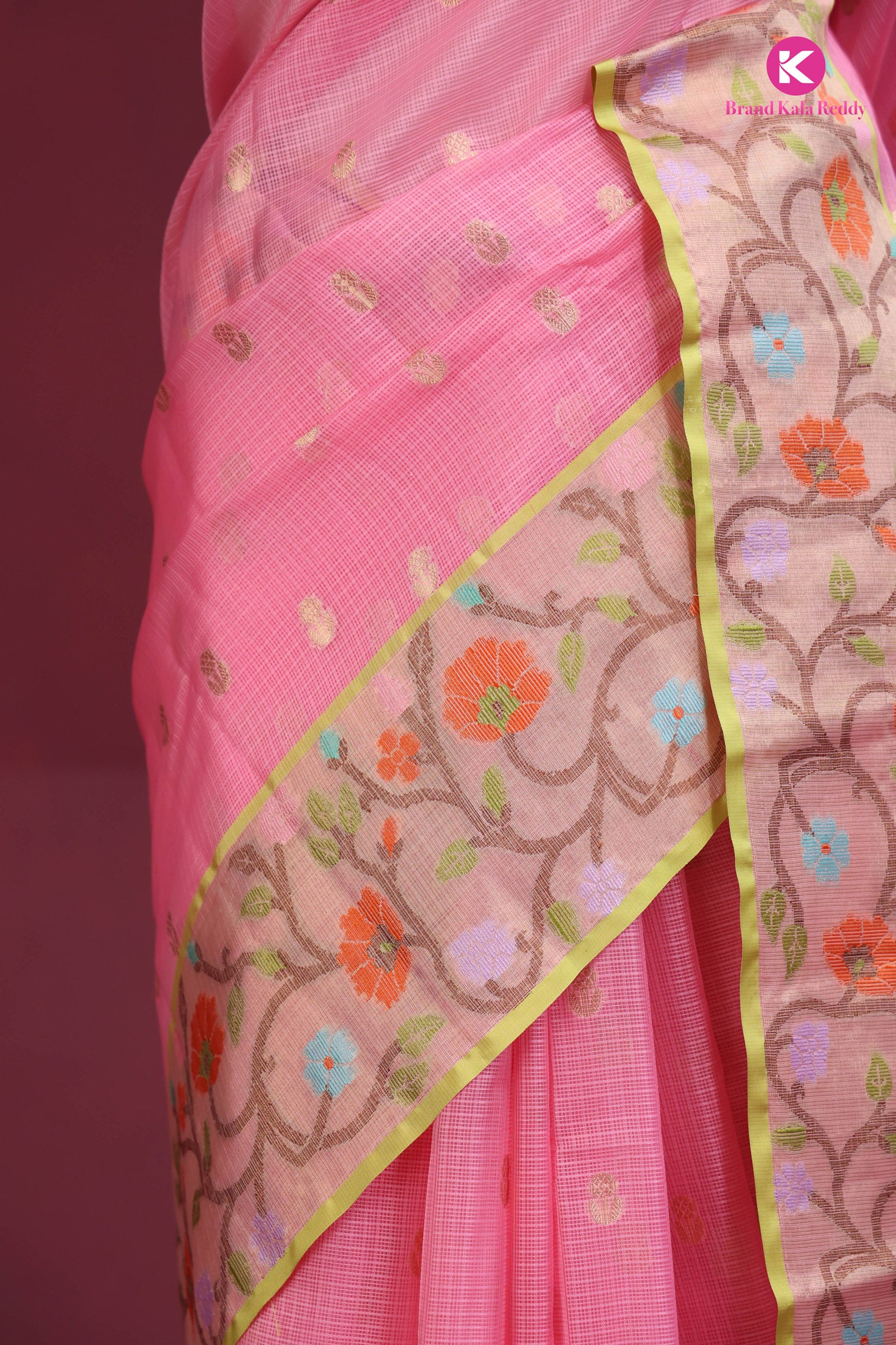 Pink Zari Kota Silk Saree with Floral Zari Border