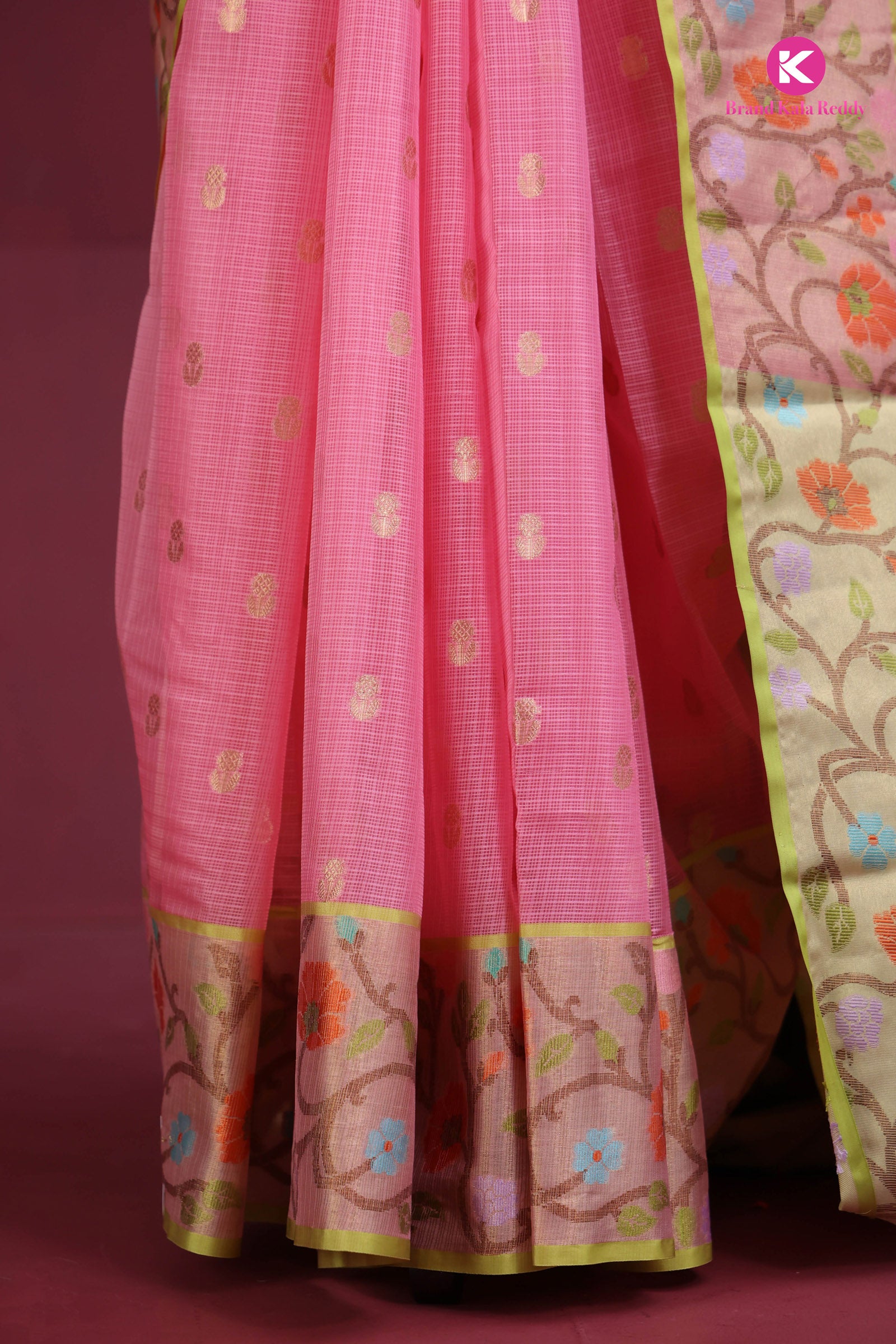 Pink Zari Kota Silk Saree with Floral Zari Border