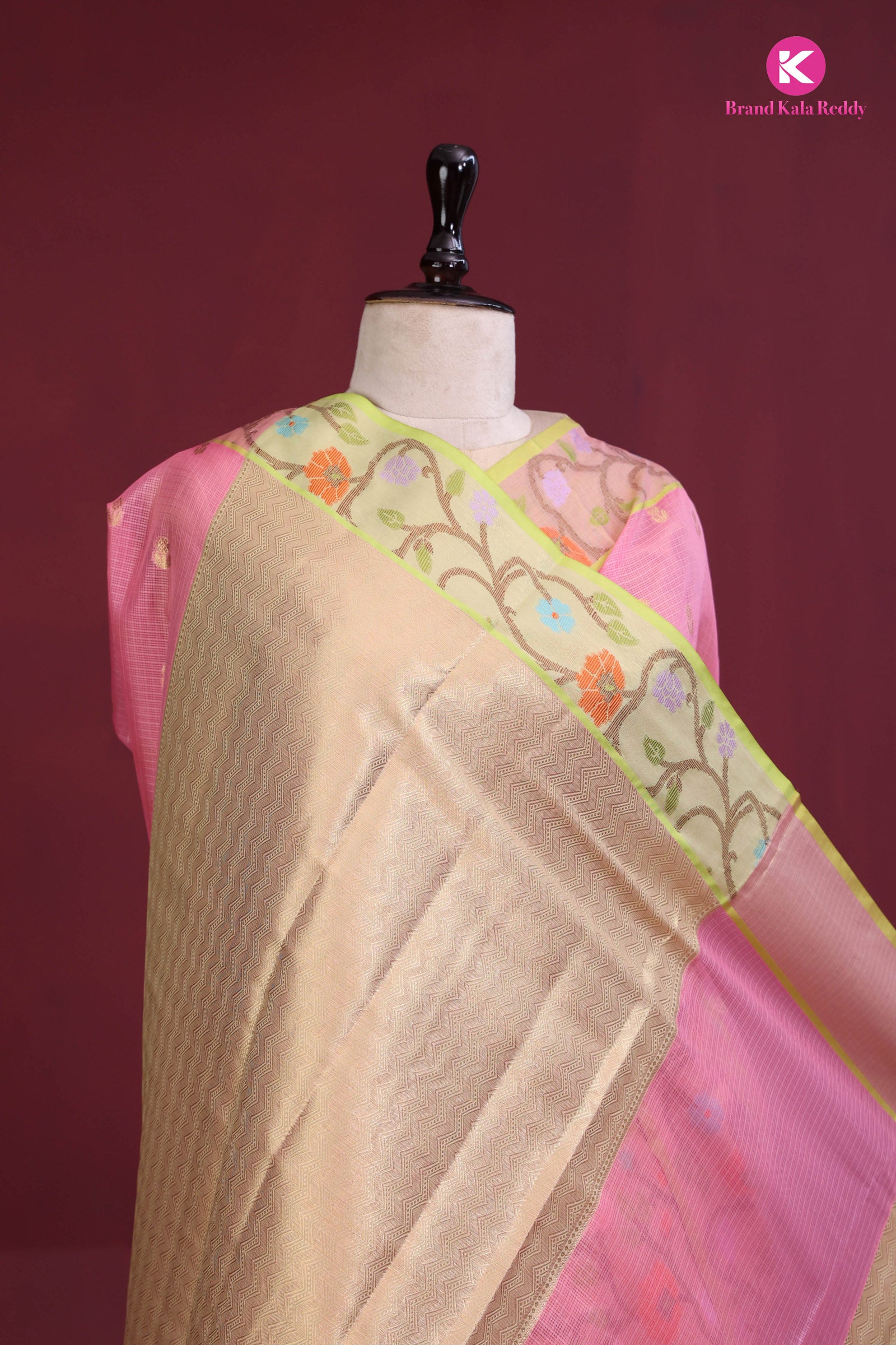Pink Zari Kota Silk Saree with Floral Zari Border