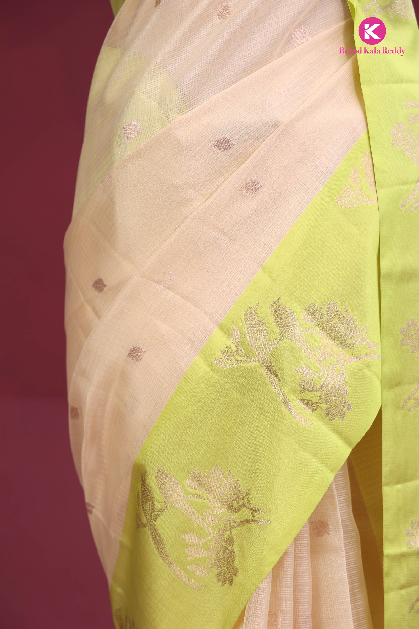 Beige zari Kota Saree with a Lime Green Border