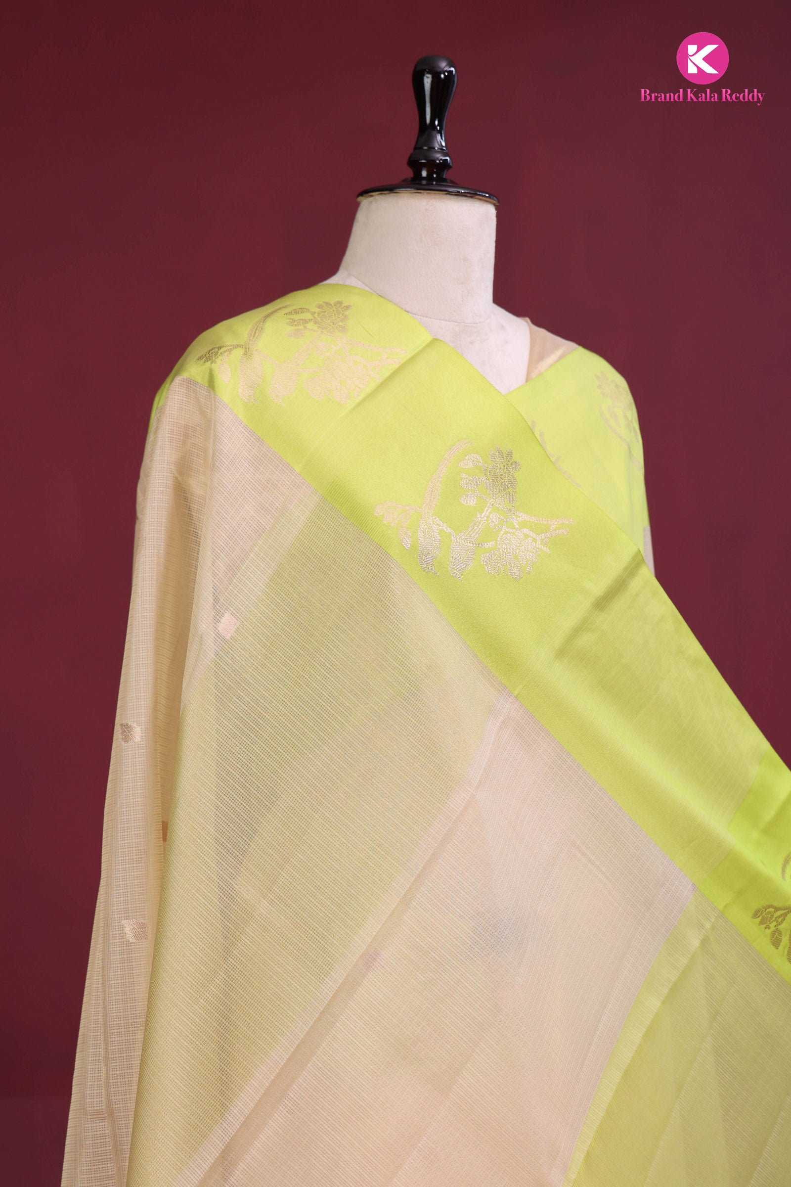 Beige zari Kota Saree with a Lime Green Border