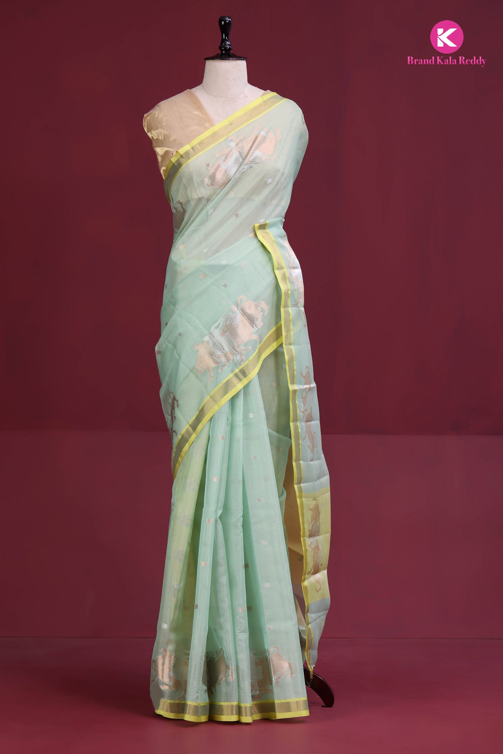 Pastel Green zari Kota Silk Saree with a Yellow Border