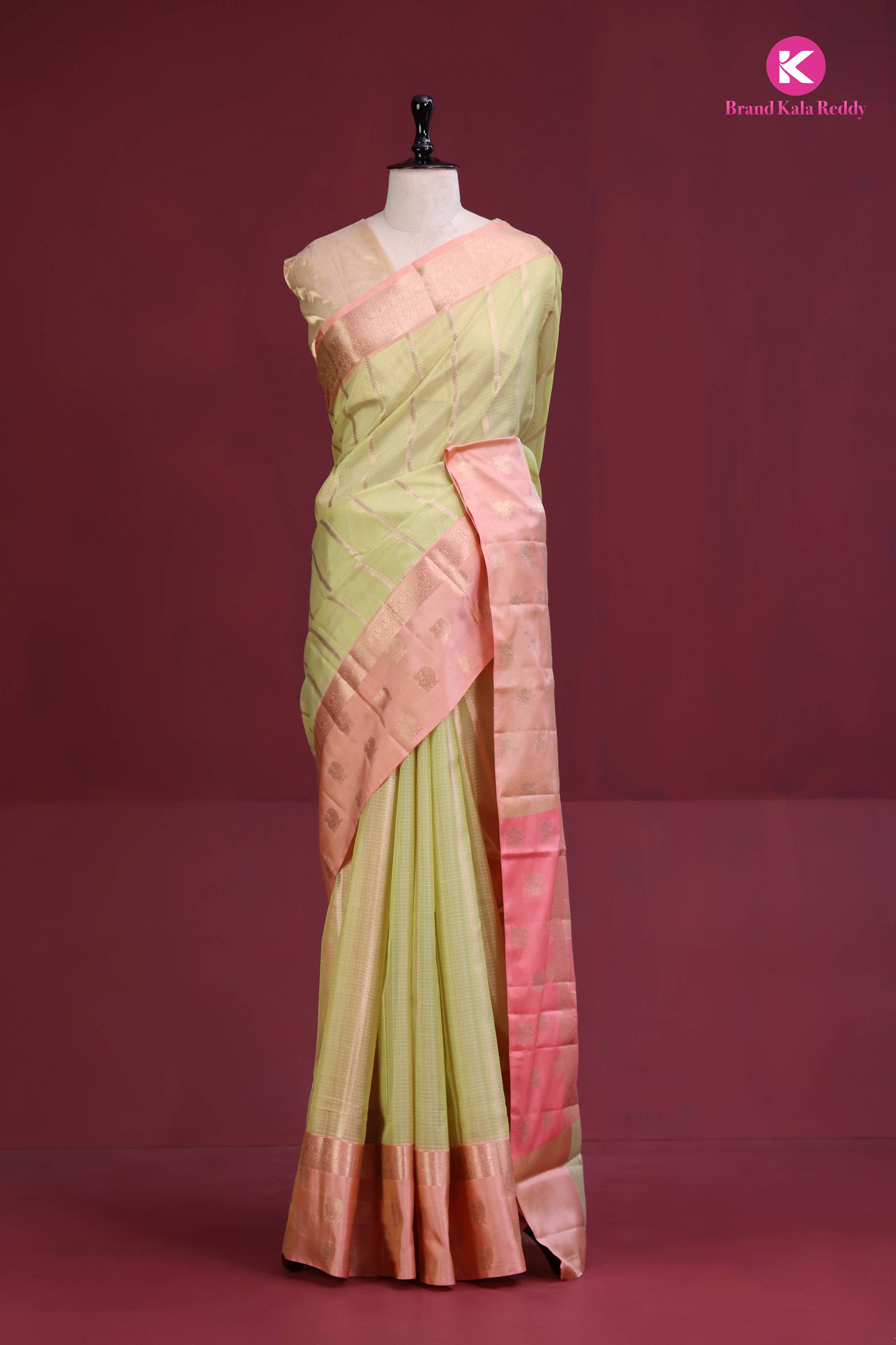 Pastel Green Zari Kota Saree with a Blush Pink Border