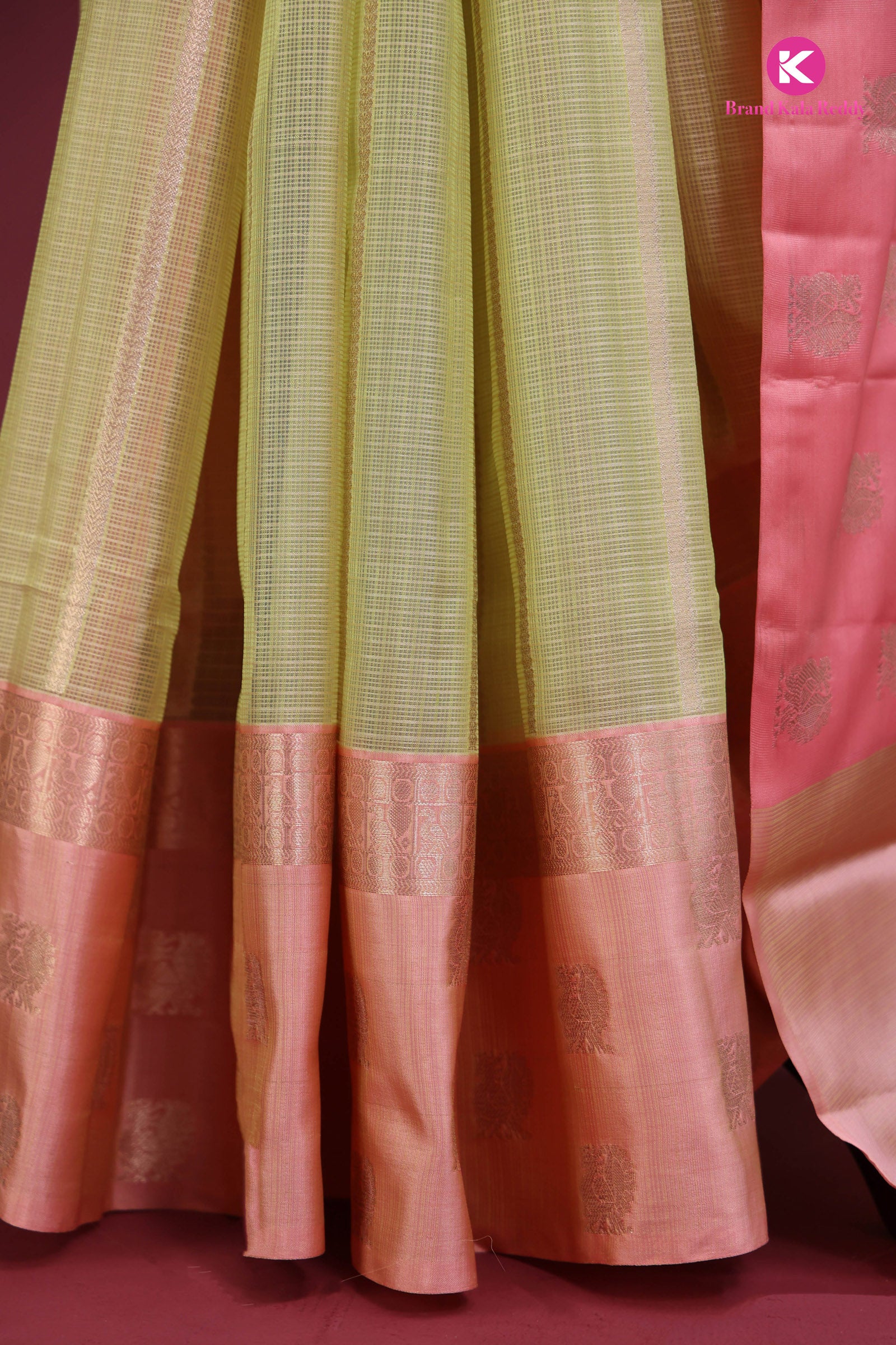 Pastel Green Zari Kota Saree with a Blush Pink Border