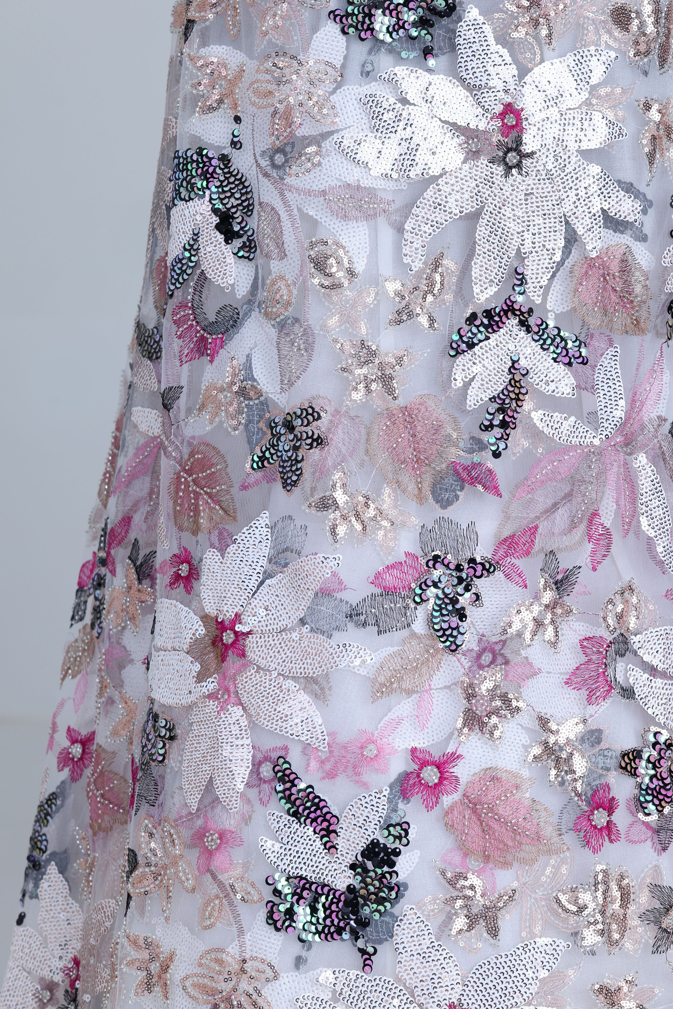White net fabric with floral pattern