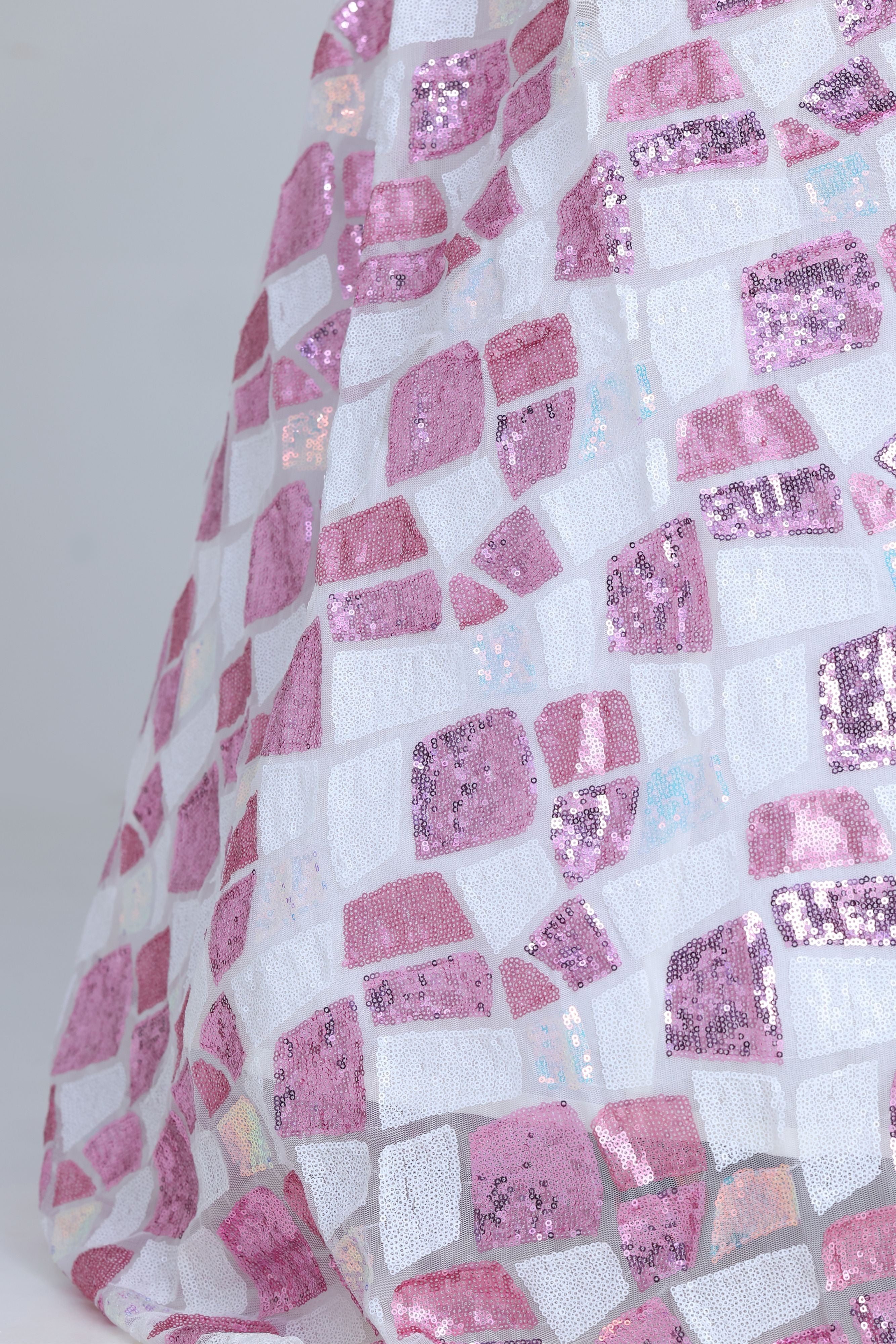 White net fabric with pink and blue sequence